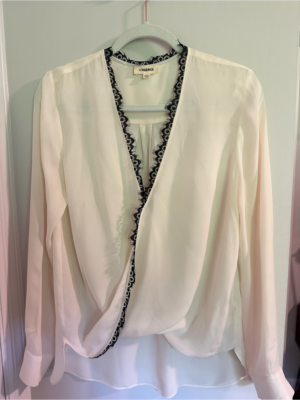 L'AGENCE Cream White Black Lace-Trim Silk Top Blouse